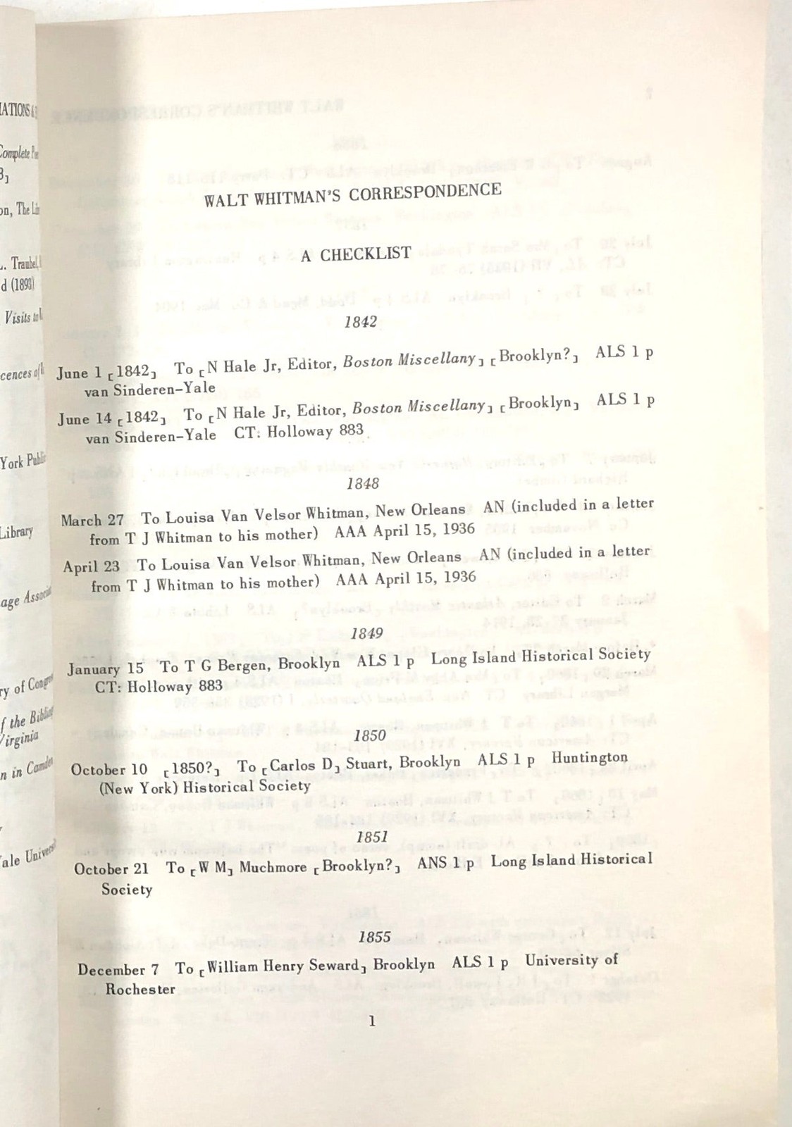 Edwin H Miller / Walt Whitman’s Correspondence A Checklist 1st Edition 1957