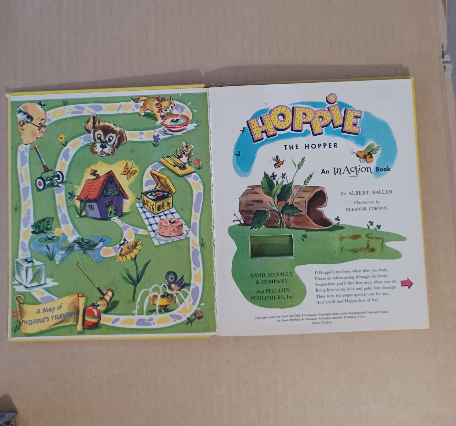 Hoppie the Hopper Childrens Interactive Board Book InAction Yellow Vintage 1951