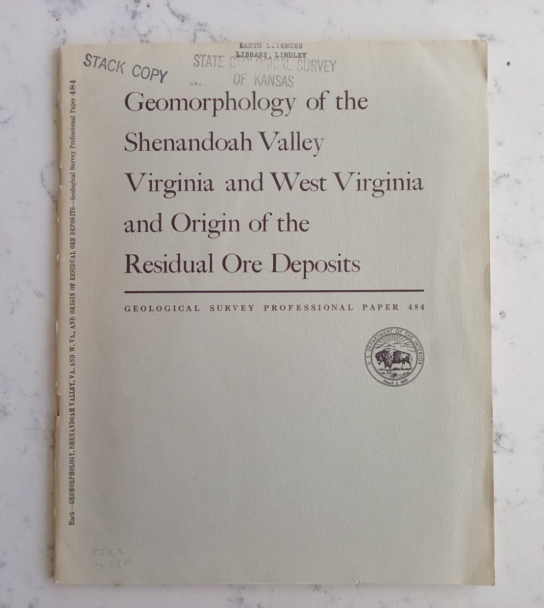GEOLOGICAL SURVEY PROFESSIONAL PAPER GEOMORPHOLOGY OF SHENANDOAH VALLEY VA 484
