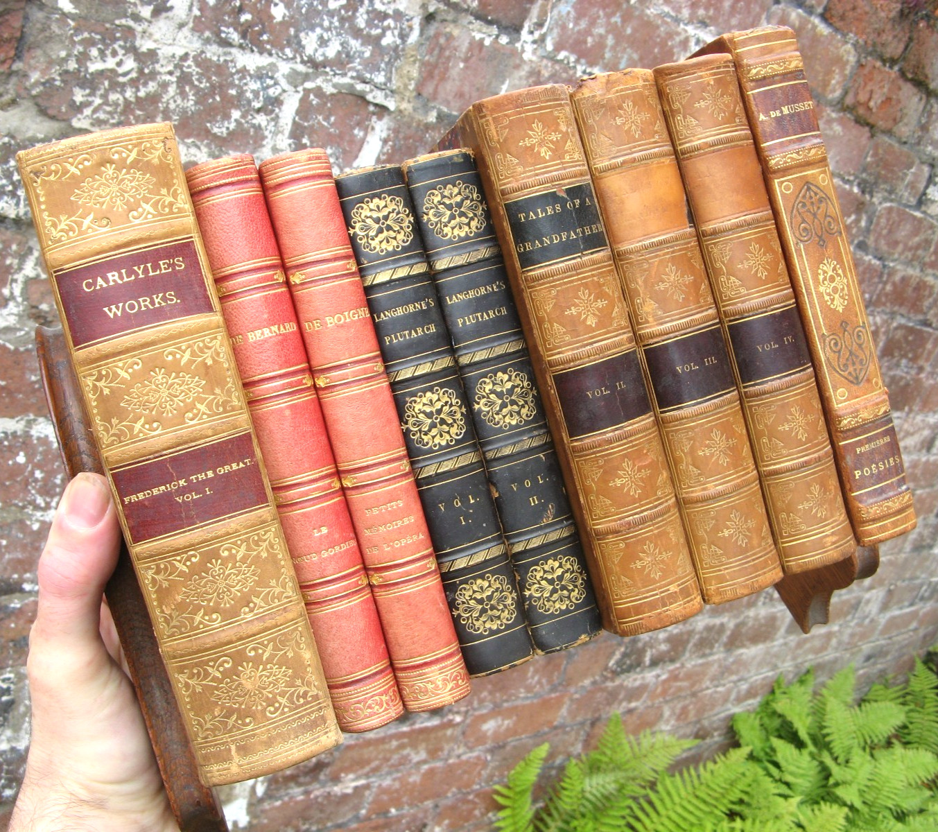 9 Antique Leather Decorative Books- Georgian Victorian Plutarch