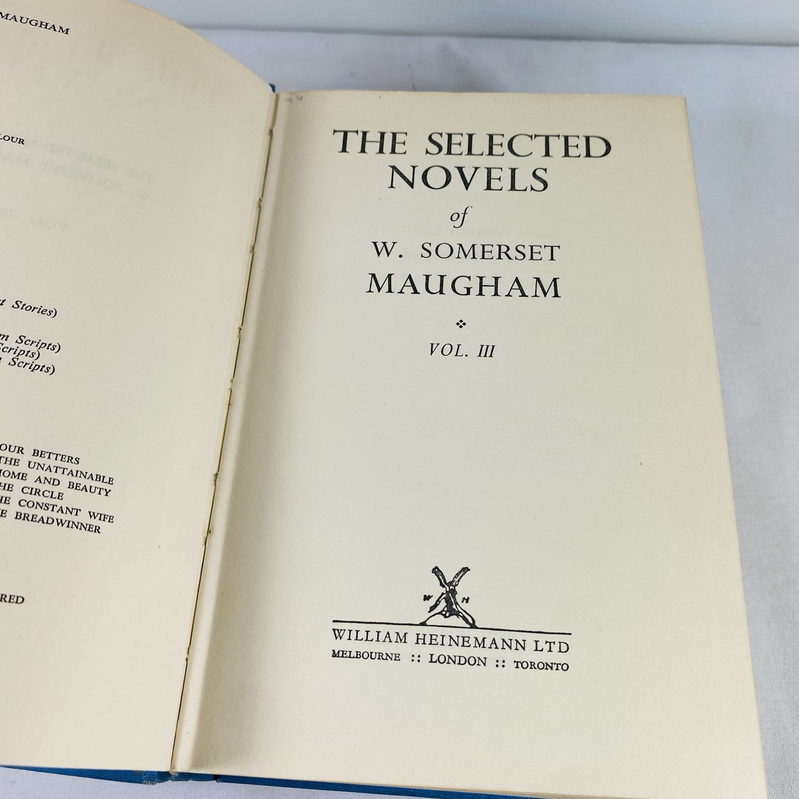 The Selected Novels of W Somerset Maugham. Full 3 vol set. Heinemann 1953, 1st.