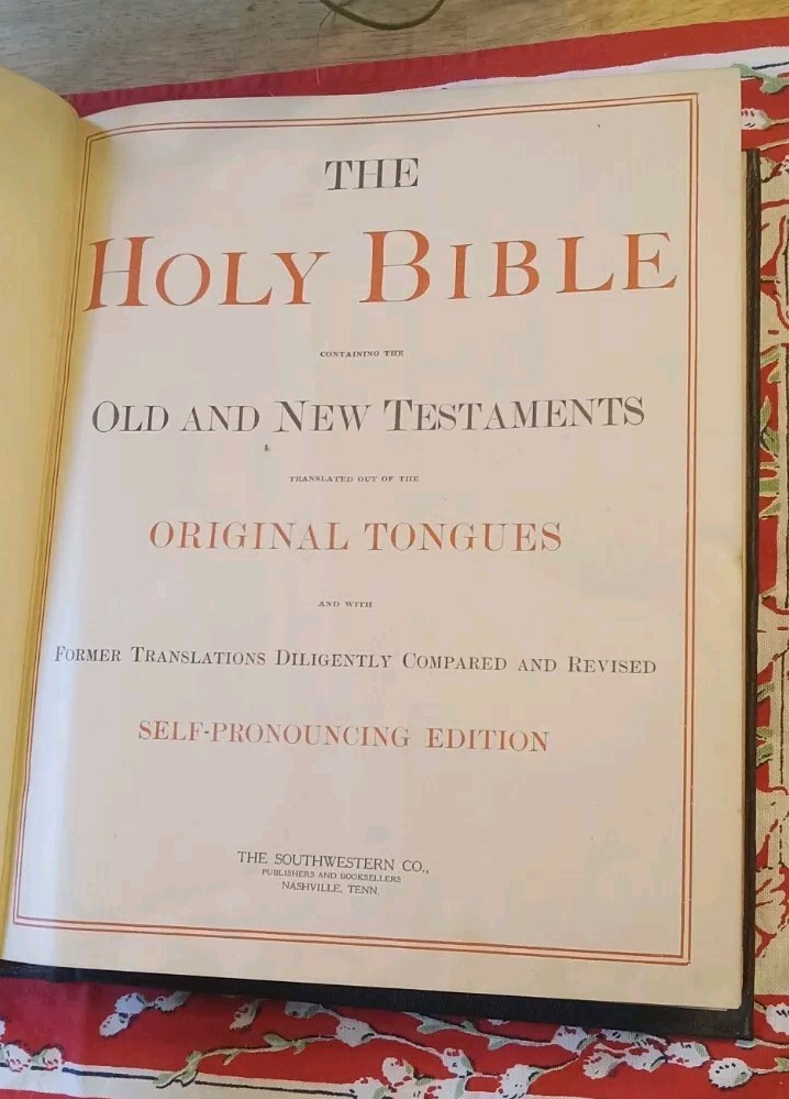 ATQ Huge Holy Bible Embossed Leather Family c.1880 Beautiful Victorian Illust