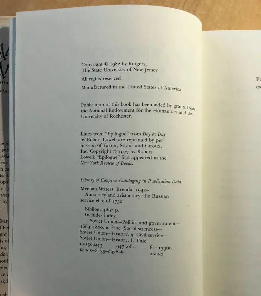 Autocracy and Aristocracy: The Russian Service Elite of 1730 HC DJ Meehan-Waters