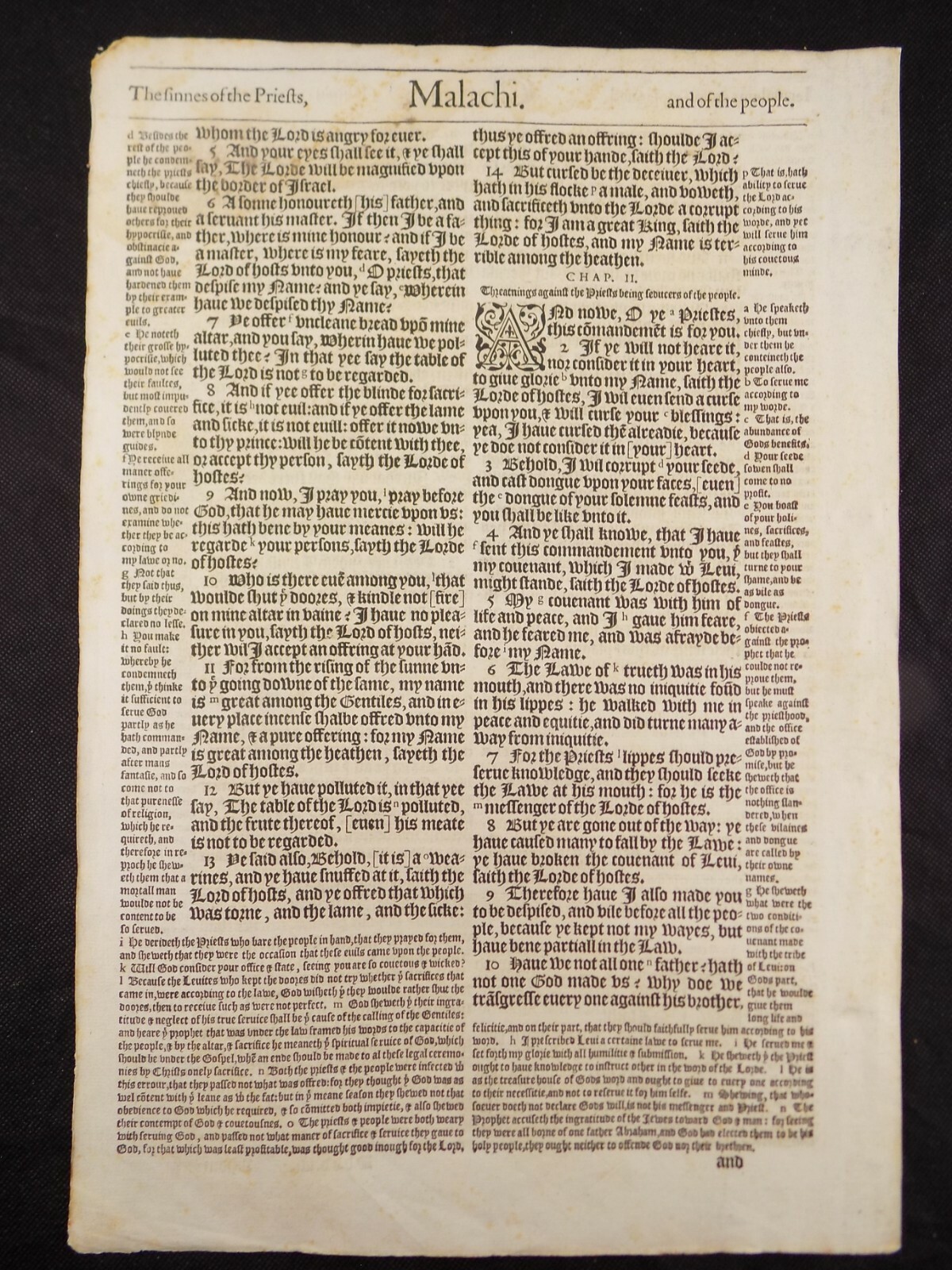 1583 NOBLEST GENEVA BIBLE LEAF PAGE TITLE PAGE MALACHI *HOLINESS UNTO THE LORD
