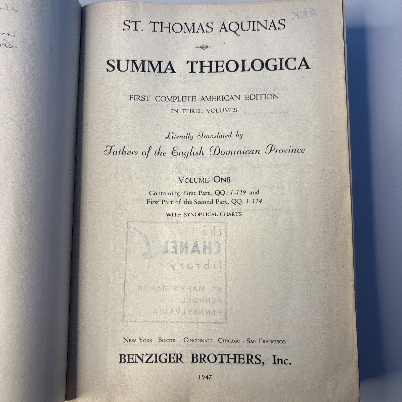 The Summa Theologica Of St. Thomas Aquinas 3 Volume Set First Ed 1947 Benzinger
