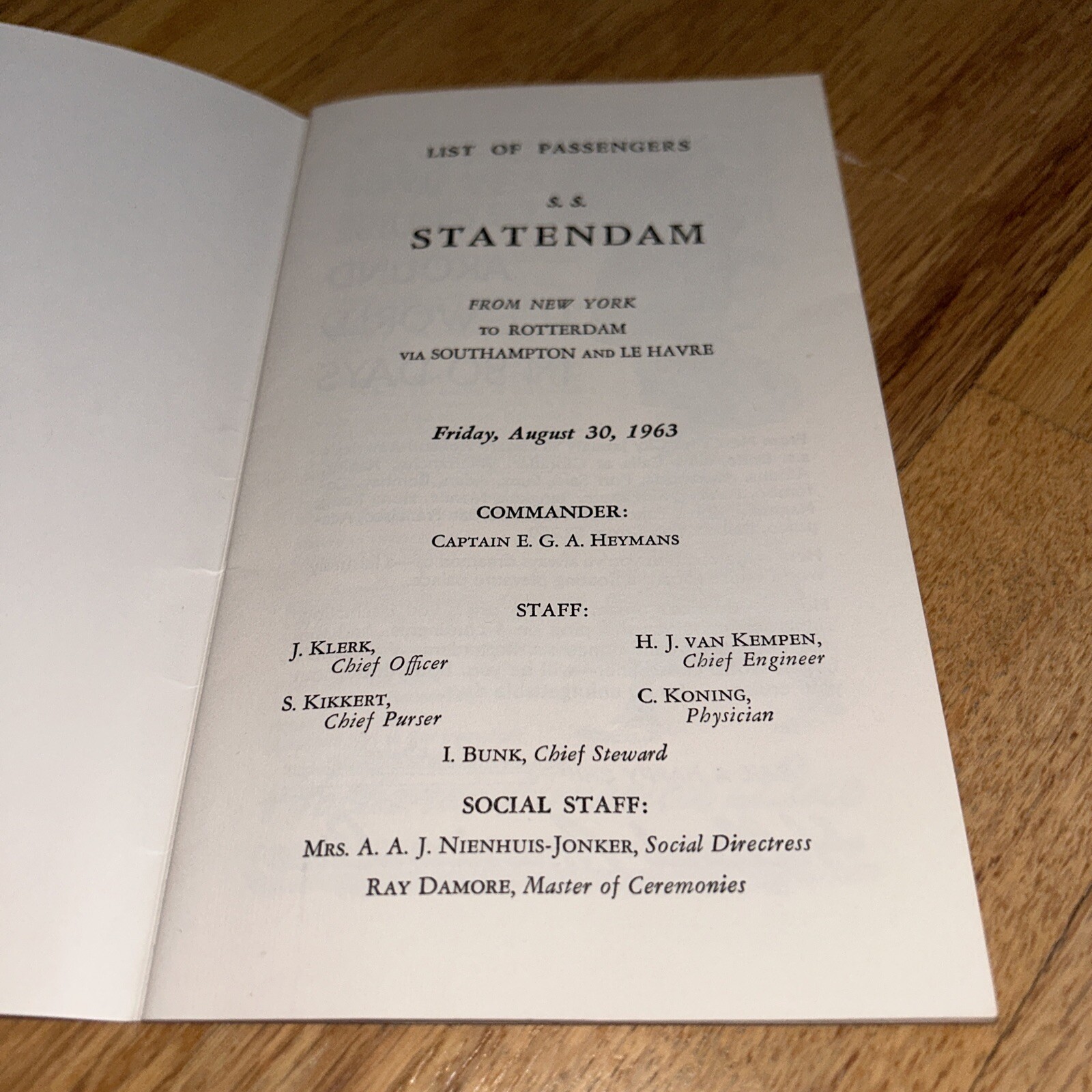 1963 HOLLAND AMERICA LINE S.S. STATENDAM Passenger List / Deck Plan