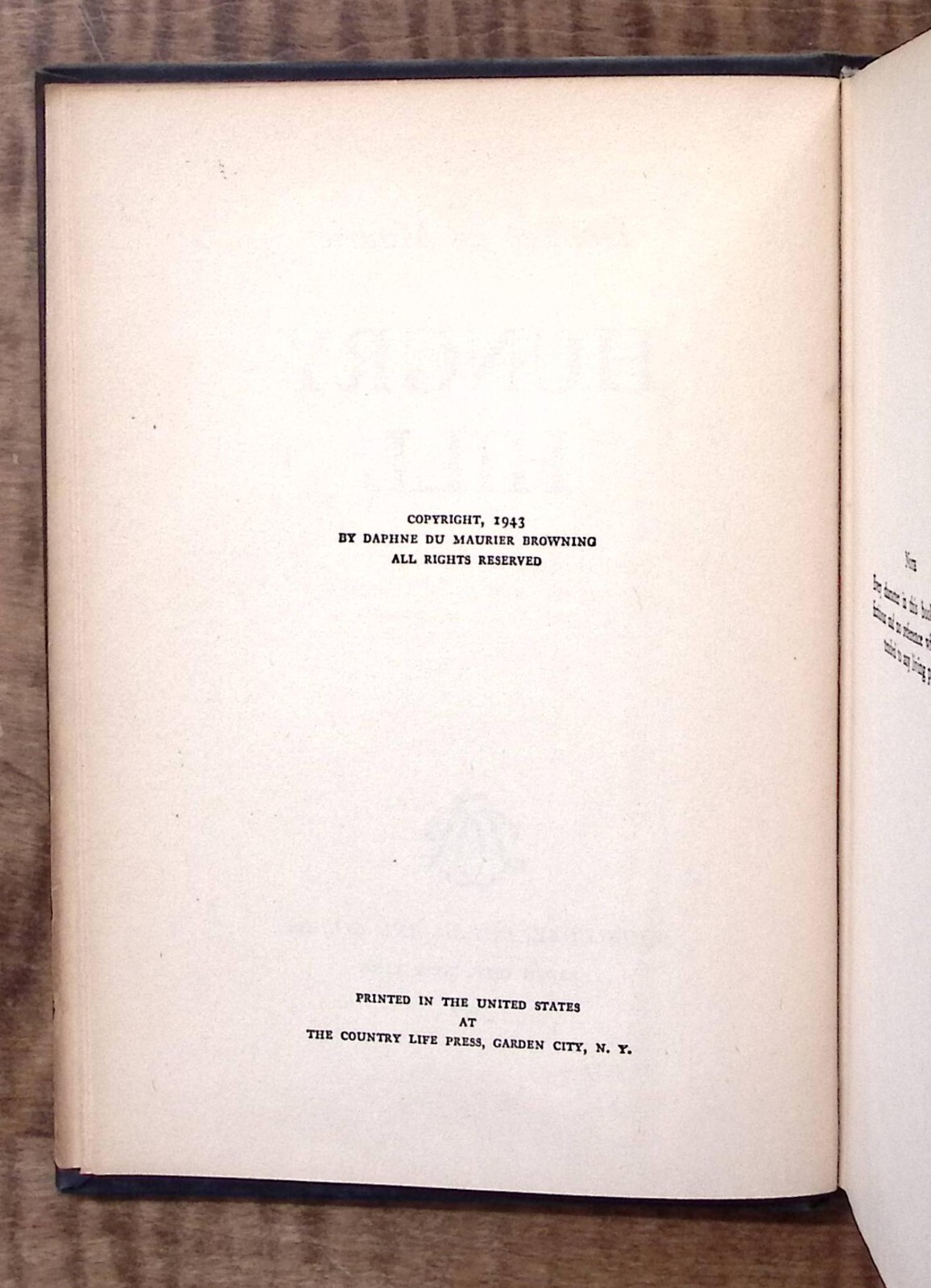 1943 HUNGRY HILL BY DAPHNE DU MAURIER 1st EDITION HARDBACK VERY NICE B293