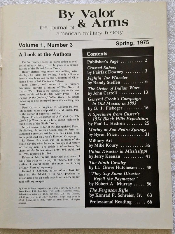 By Valor and Arms. Vol 1, No 3. 1975. Custer, Indian Wars, Civil War. Very Good