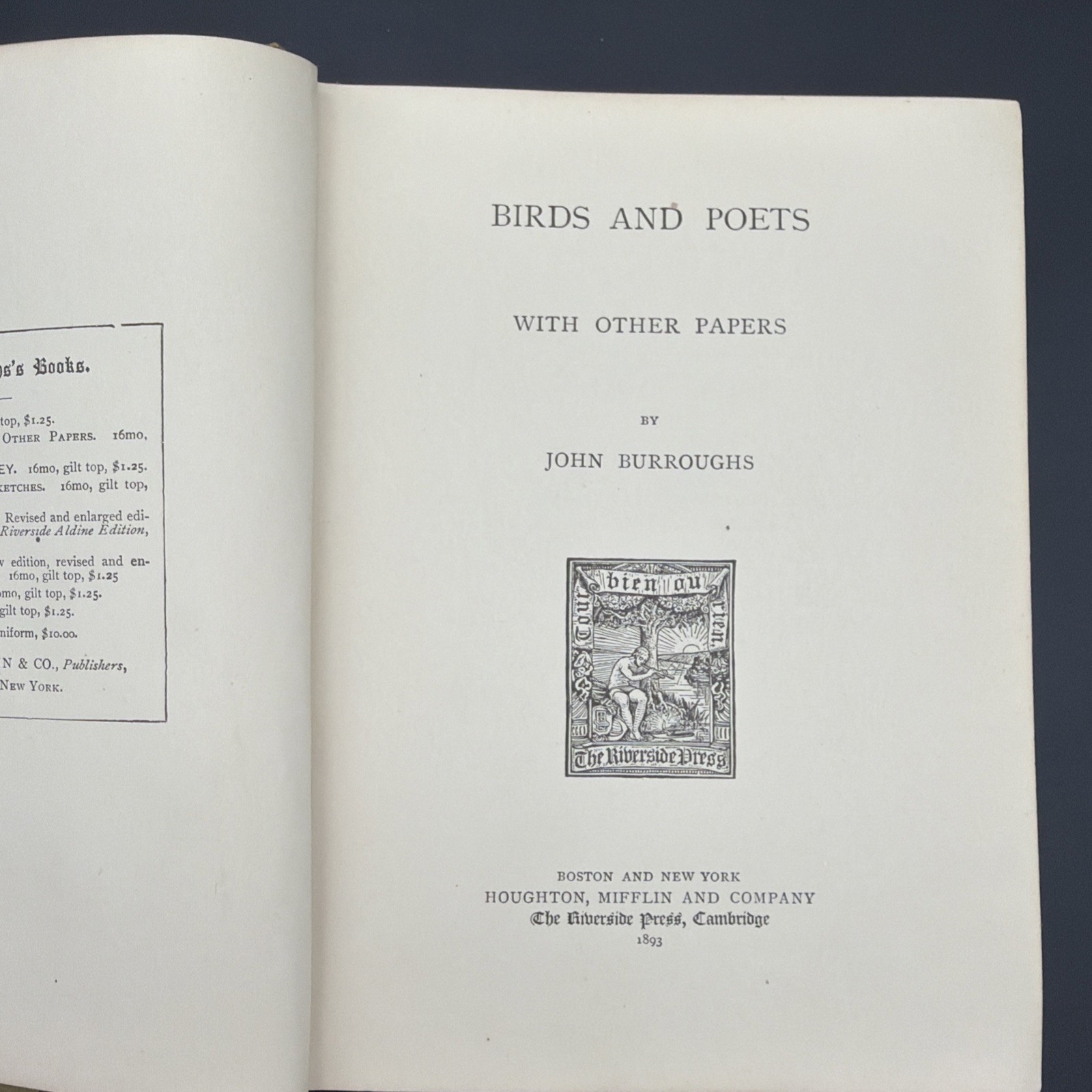 1893 Birds and Poets With Other Papers by John Burroughs Antique Book Poetry Old