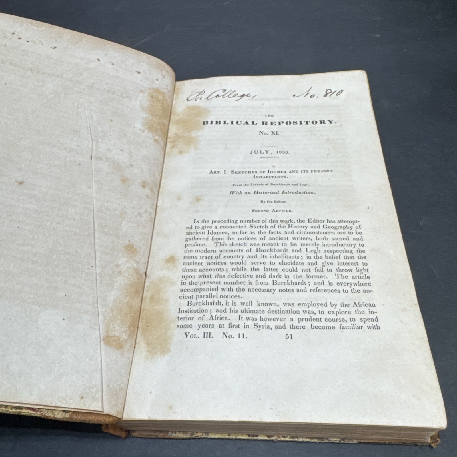 Biblical Repository July 1833 Vol III No XI Antique Religious Book Rare