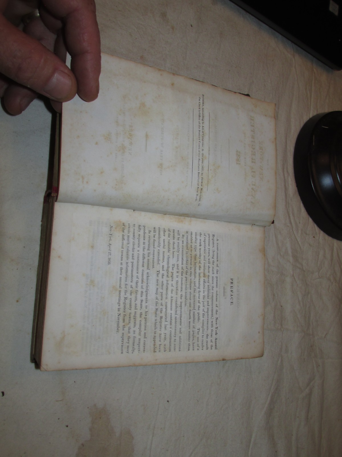 1835 Williams’s New York Annual Register with map, ALMANAC, ED. WILLIAMS