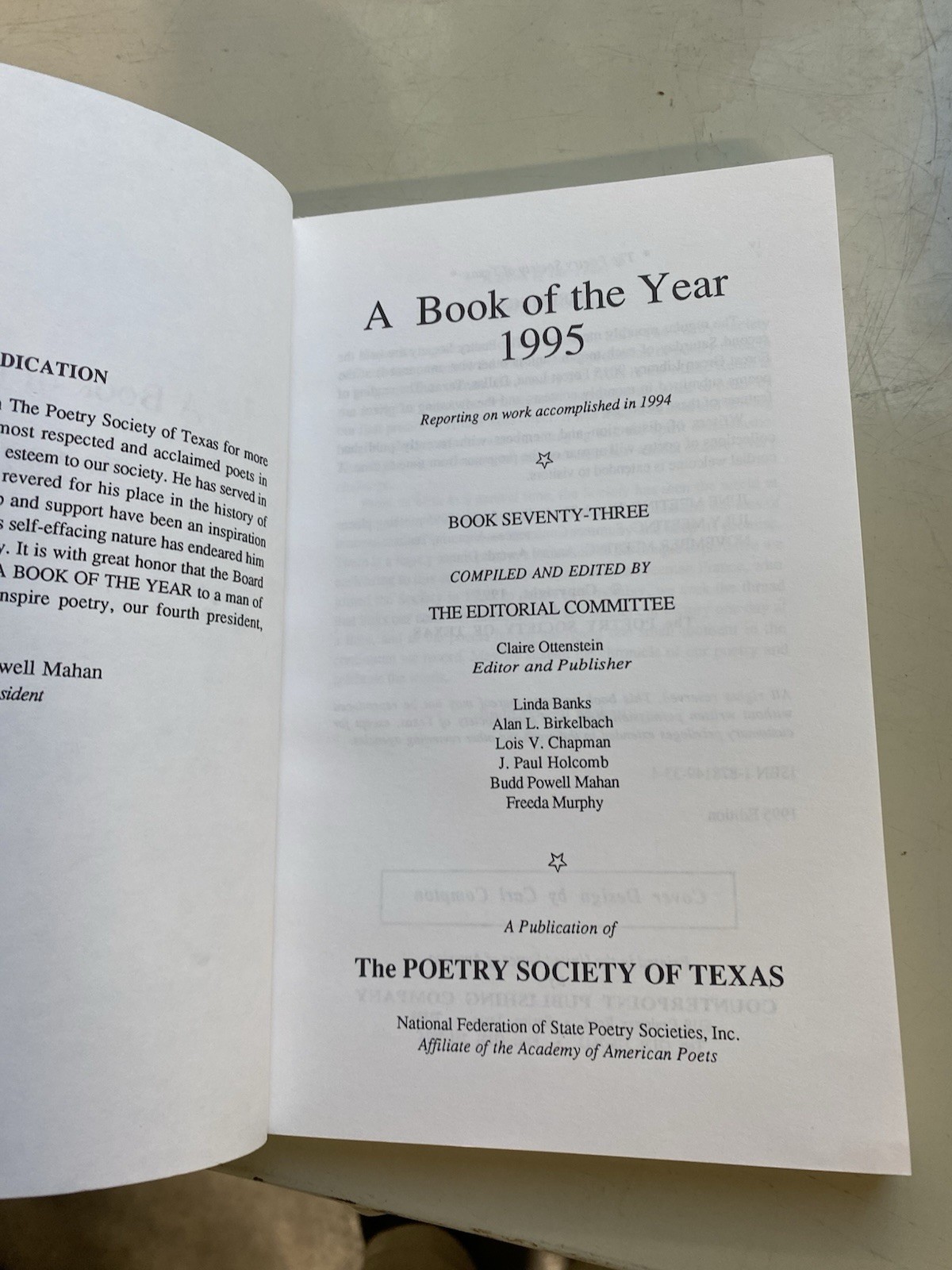 Poetry Society Of Texas – Book Of The Year 1995 Blue
