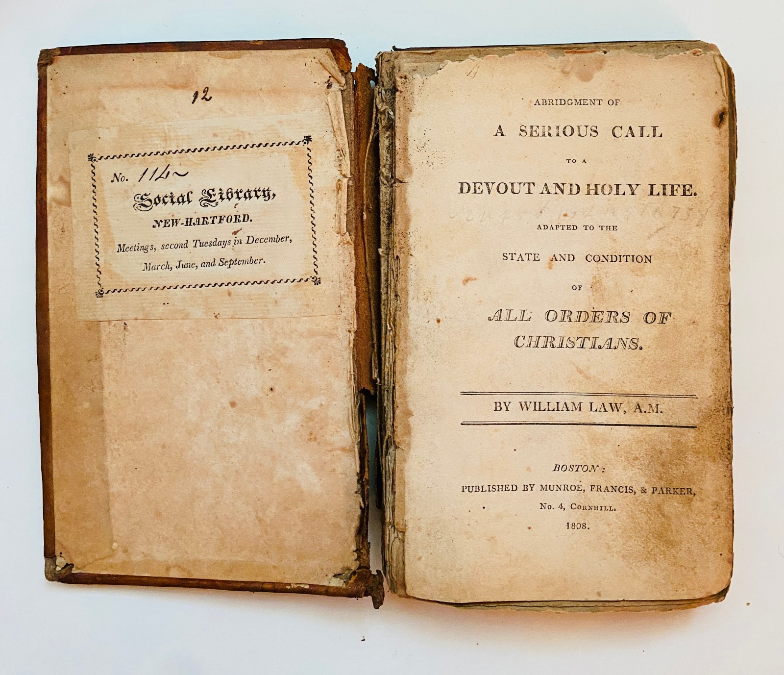 1808 Serious Call to Devout & Holy Life by William Law New Hartford CT Bookplate