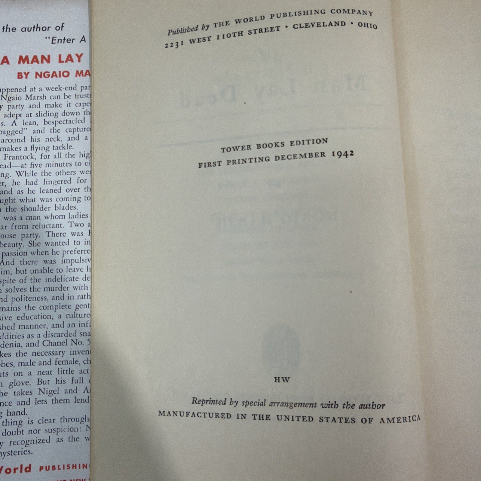 A Man Lay Dead by Ngaio Marsh (1942 Tower Books Edition 1st Printing Hardcover)
