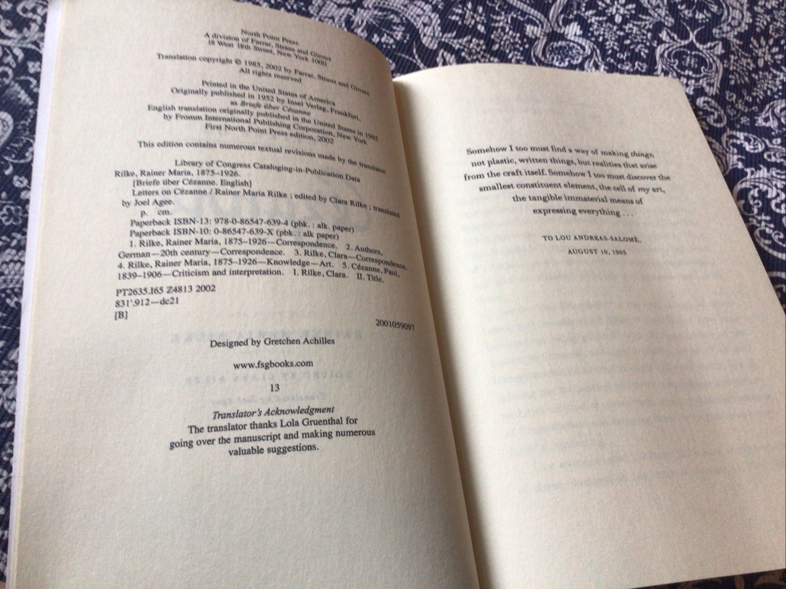 Letters On Cézanne, by Rainer Maria Rilke, 2002