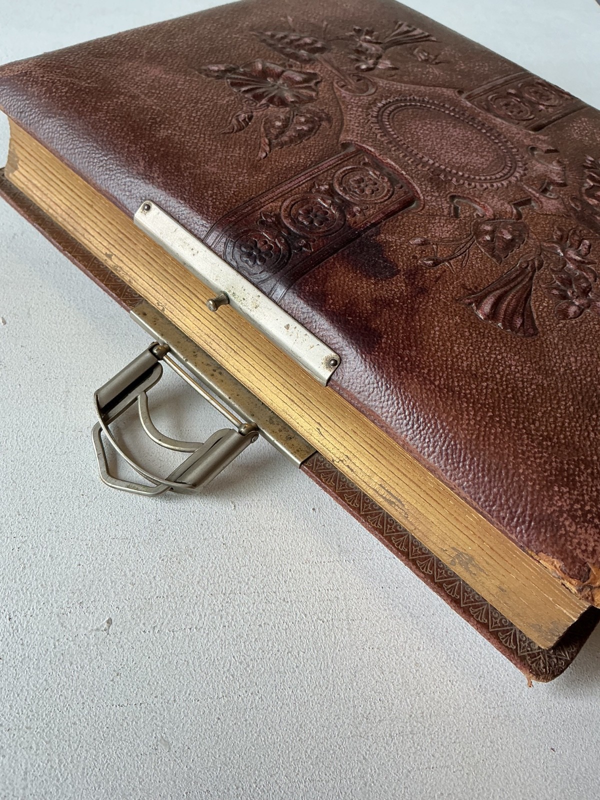 Victorian Leather Photo Album Embossed Floral Cover Metal Clasp 19th century