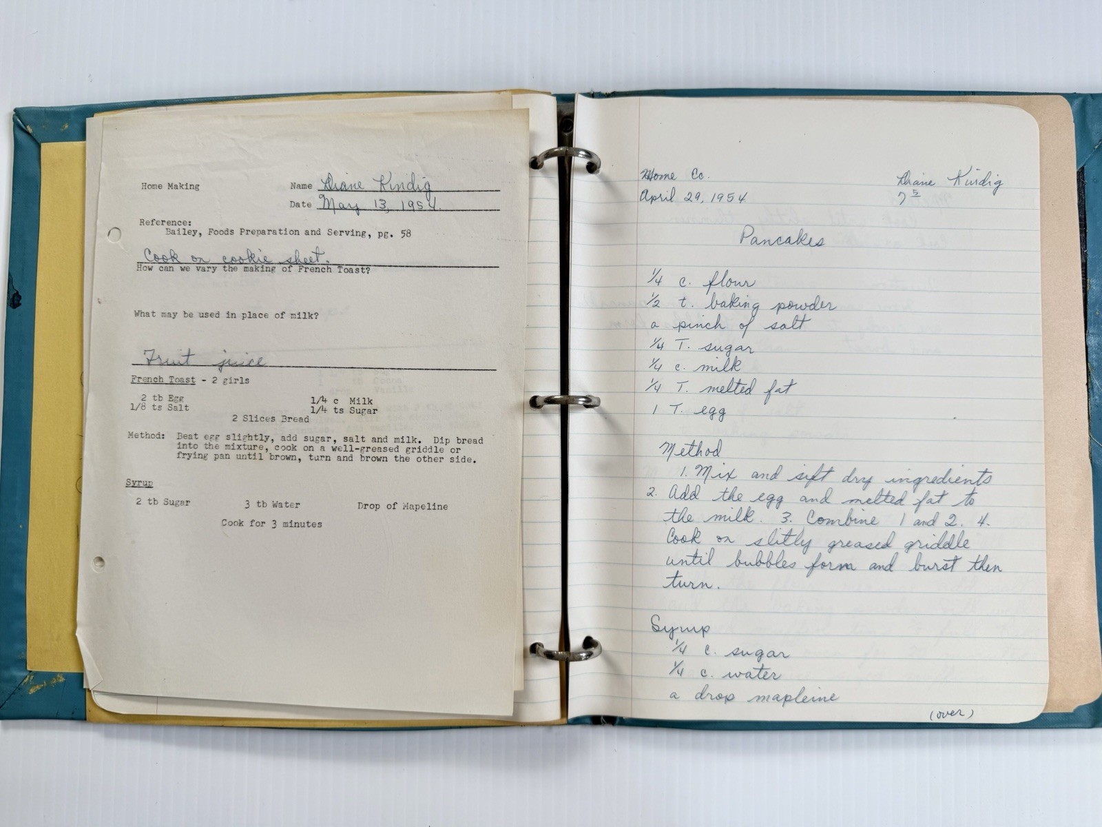 Vintage 1954-55 Home Economics Binder With Recipes & Notes Hand Written Cookbook