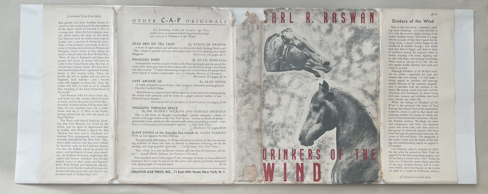 Carl R. Raswan DRINKERS OF THE WIND 1942 Dust Jacket ARABIAN HORSE Illustrated