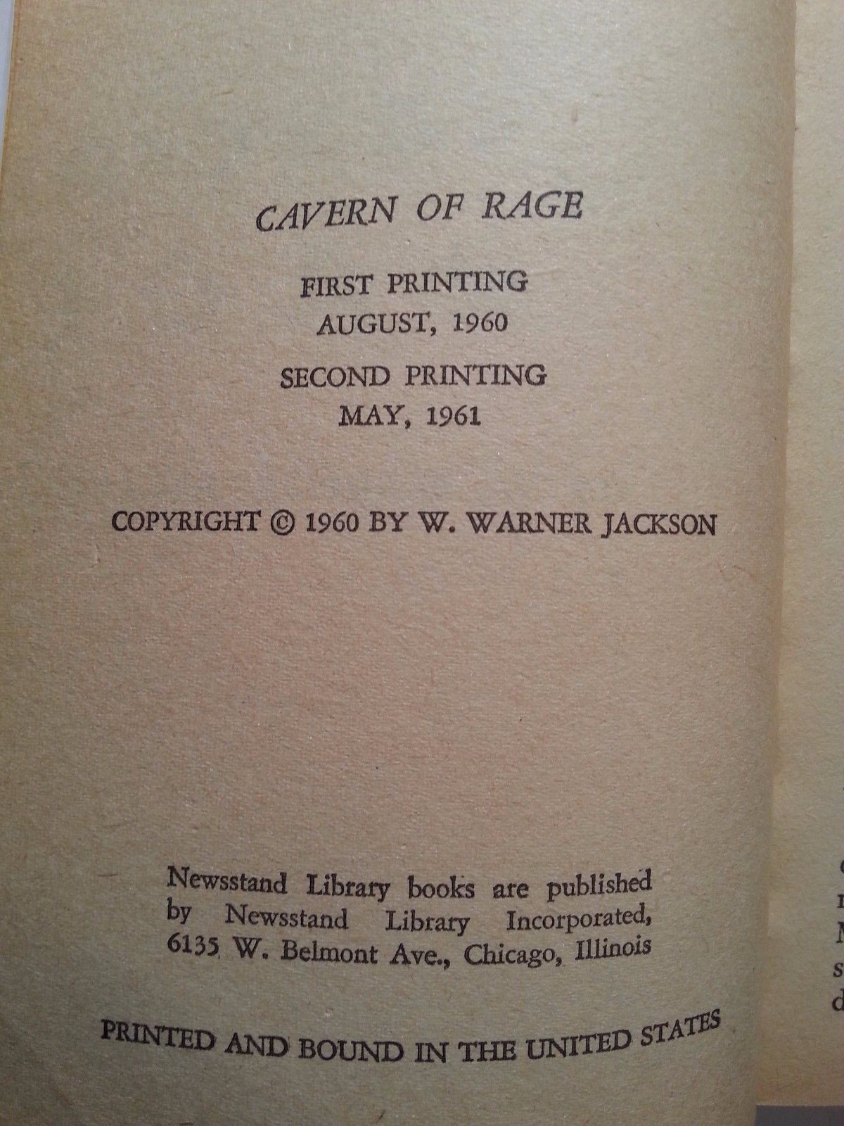 Cavern of Rage: Warner Jackson. Newsstand. Sleaze/GGA/Fiction/Adult/Pulp 1961