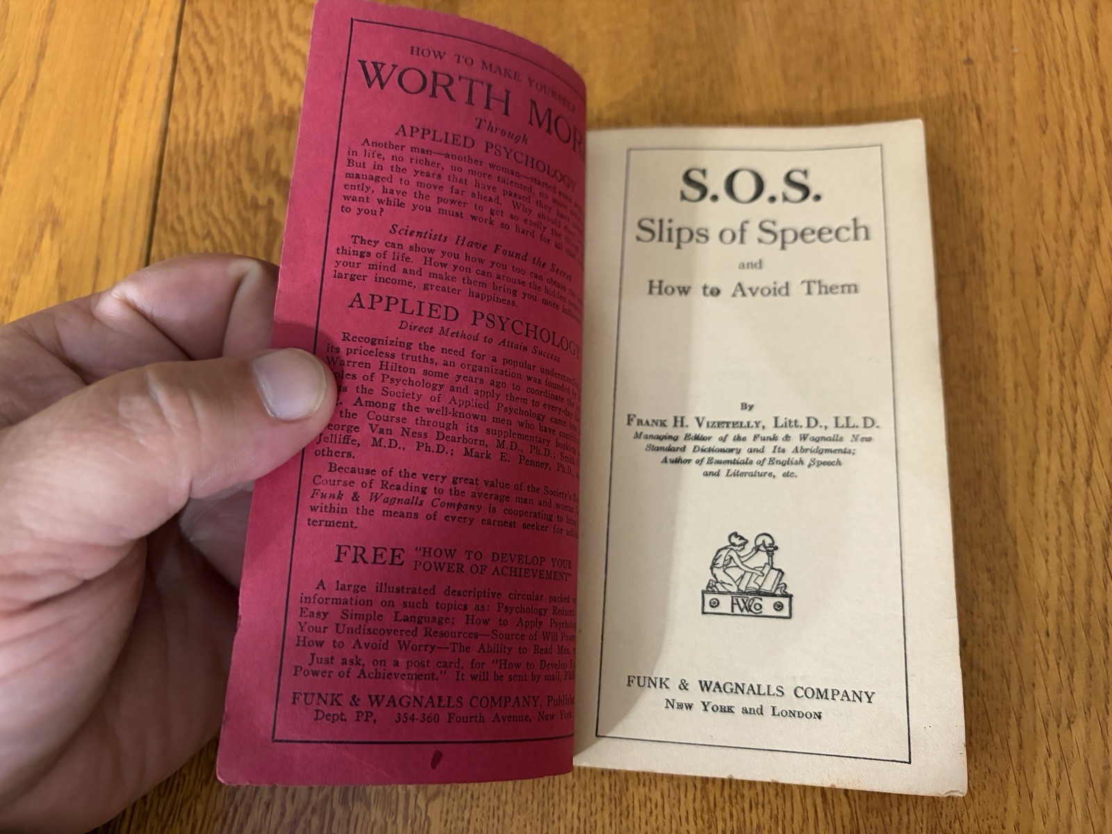 VINTAGE 1922 S.O.S. SLIPS OF SPEECH BOOK FUNK & WAGNALLS CO
