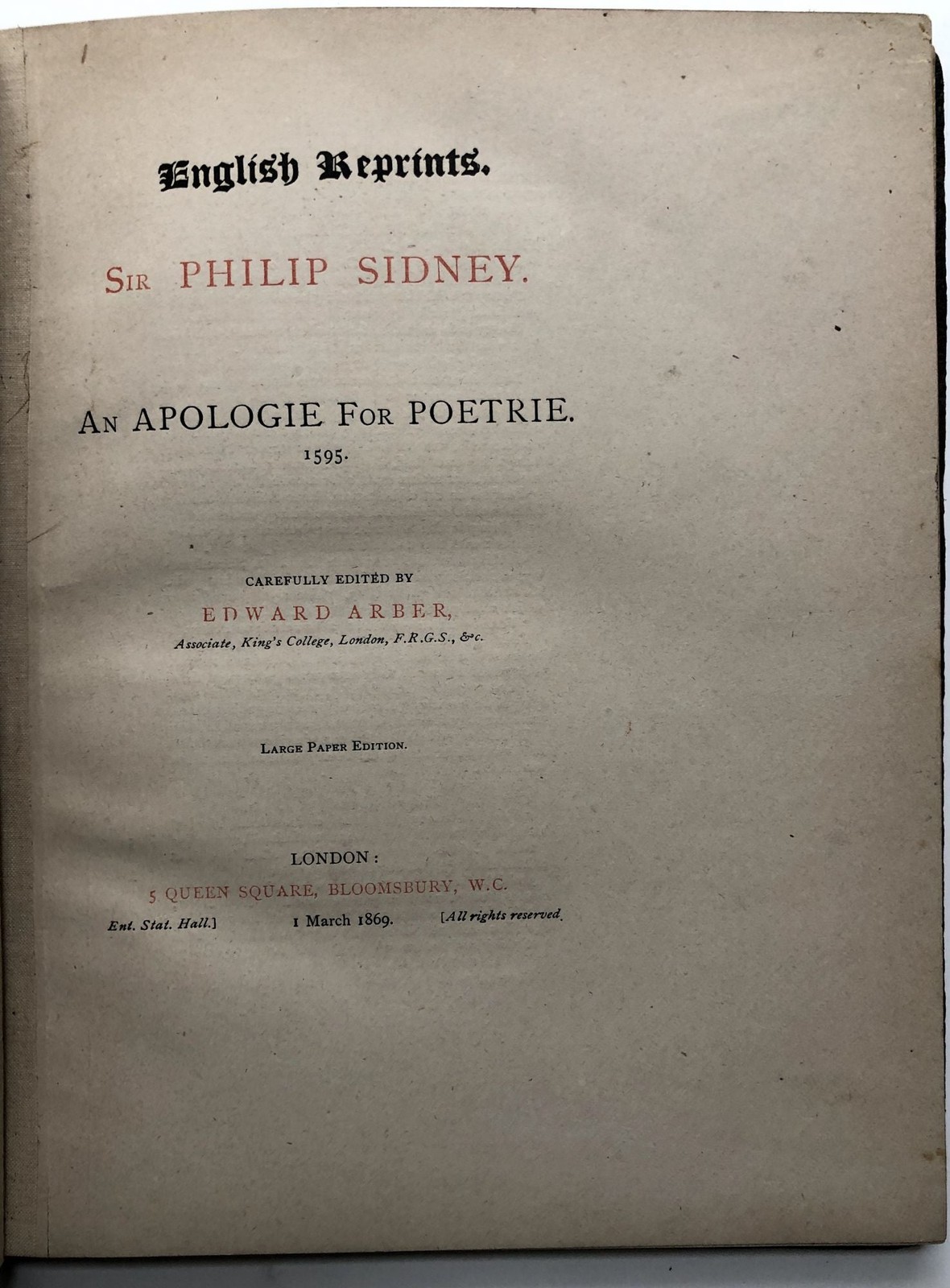 ed Edward Arber Sir Philip Sidney / Apologie for Poetrie 1595 1869
