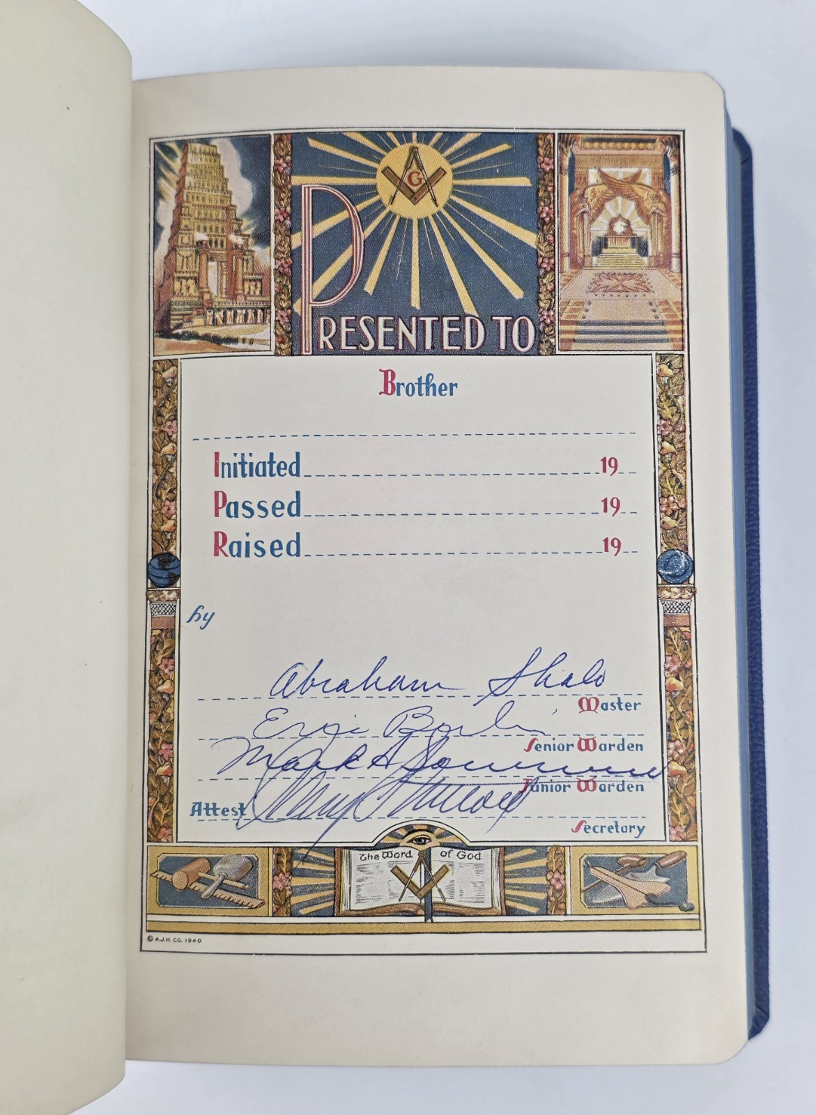 Pristine 1960s Masonic Bible Blue Holman Mt Moriah Lodge 27 NY Unused Signed KJV