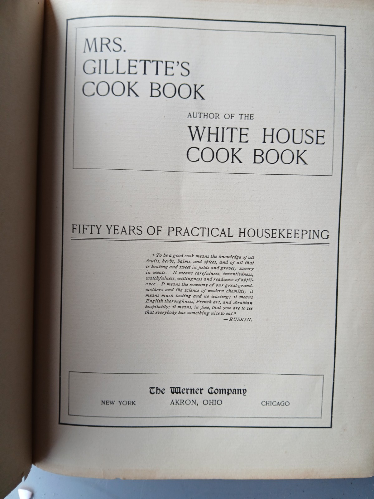 Antique 1899 Mrs. Gillette’s Cook Book 50 Years Practical Housekeeping White