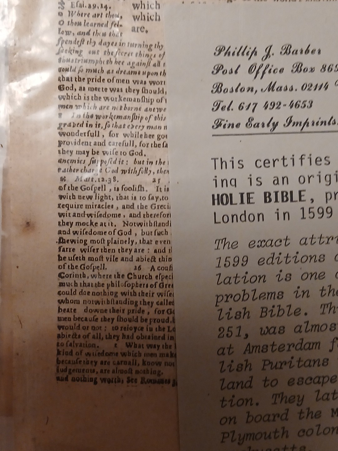 1599 Barker Rare HOLY Bible Page With C.O.A. In Plastic Sleeve