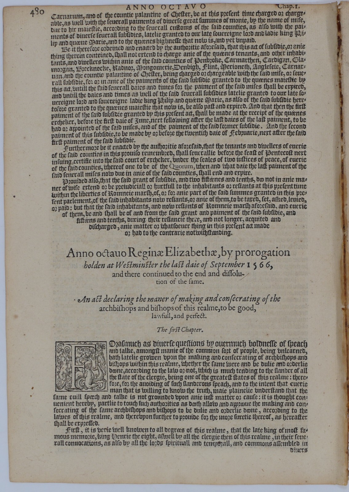 Anglican Bishops Consecration Act – 1587 Grafton Statutes Leaf – Elizabeth I