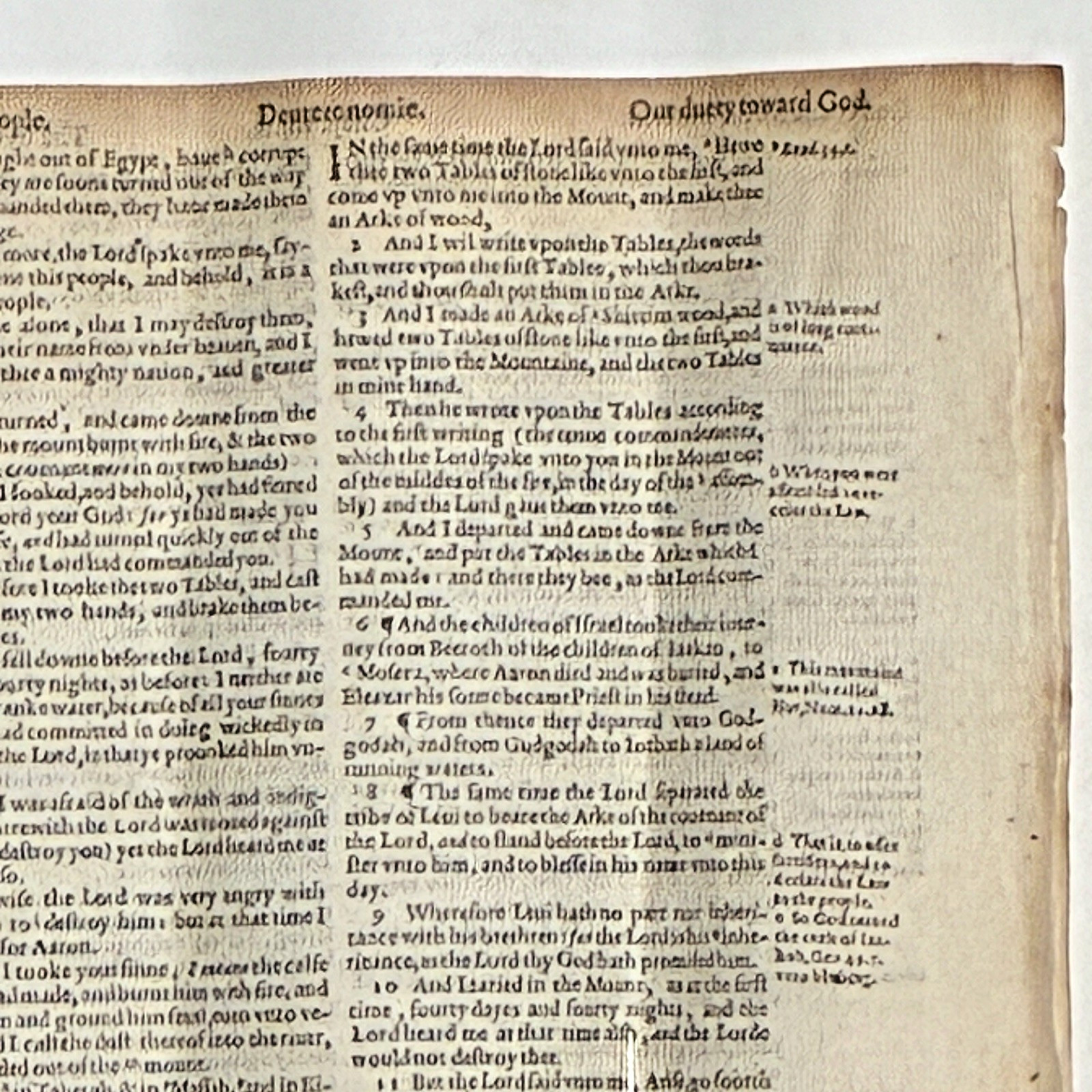 Original 1594 English Bible Leaf — Deuteronomy 9-10 — Robert Barker, London
