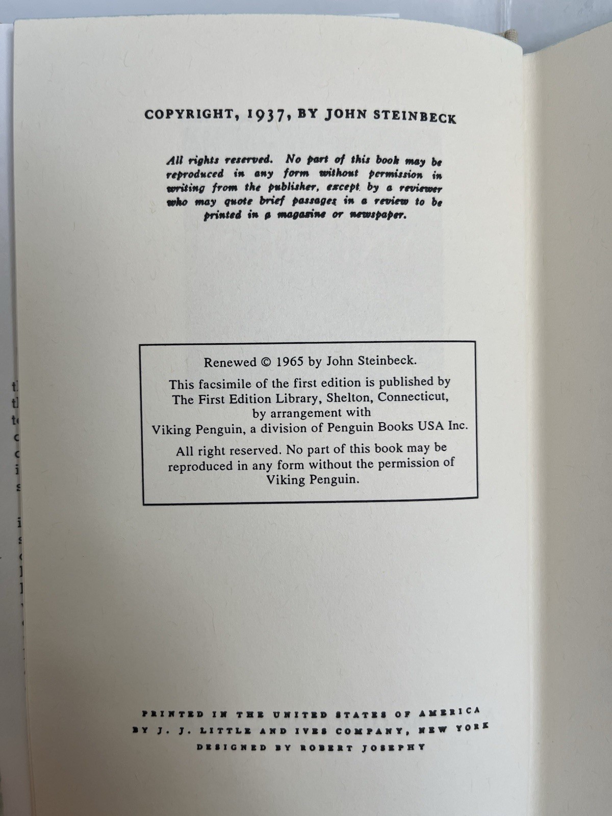 Of Mice and Men, John Steinbeck, First Edition Library, Facsimile