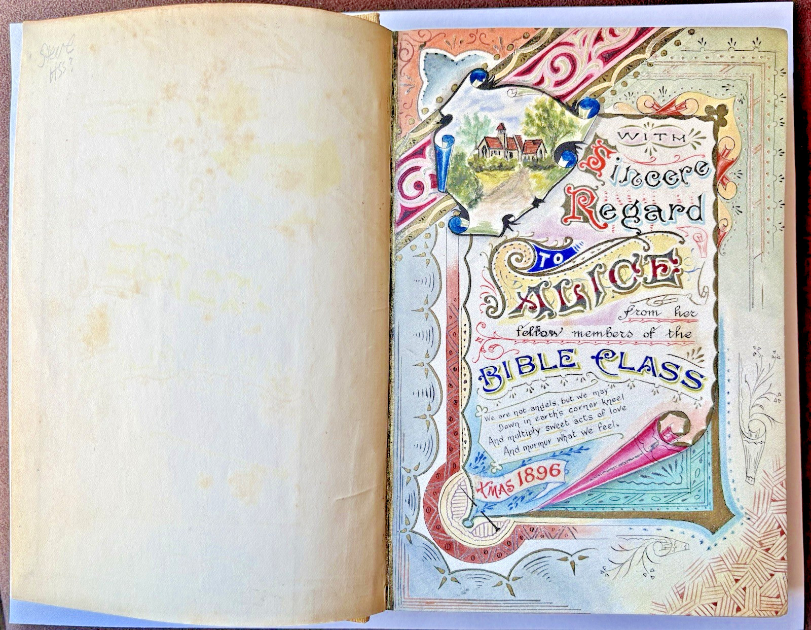 Beautiful Antique Bible Class Watercolor Presentation Page 1896 Life’s Byways
