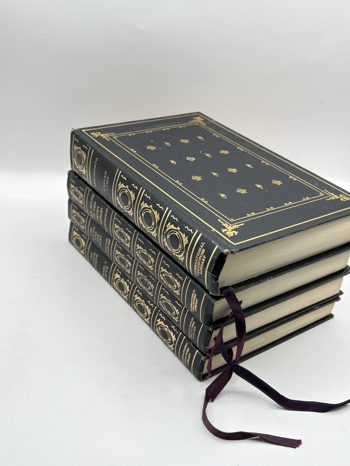 Decorative Vtg Book Set Faux Leather Dark Academia Navy Gold International Coll.