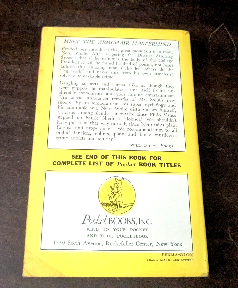 Fer-De-Lance by Rex Stout Pocket Book #112, 3rd Print Oct 1941- FAST SHIPPING