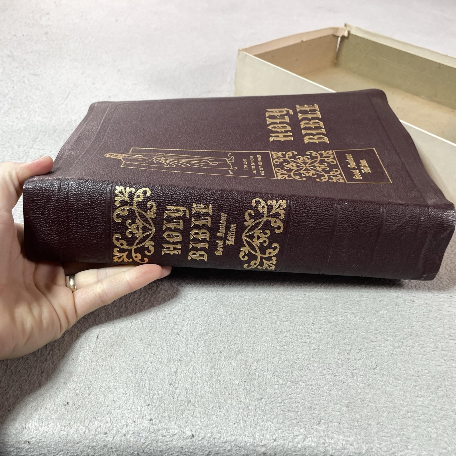 Vintage 1950 Large Holy Bible KJV Good Saviour Tissot Brown Leather Consolidated