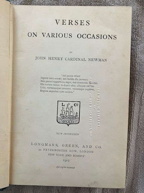 Verses on Various Occasions Newman 1903 Longmans HC Library Copy Poetry