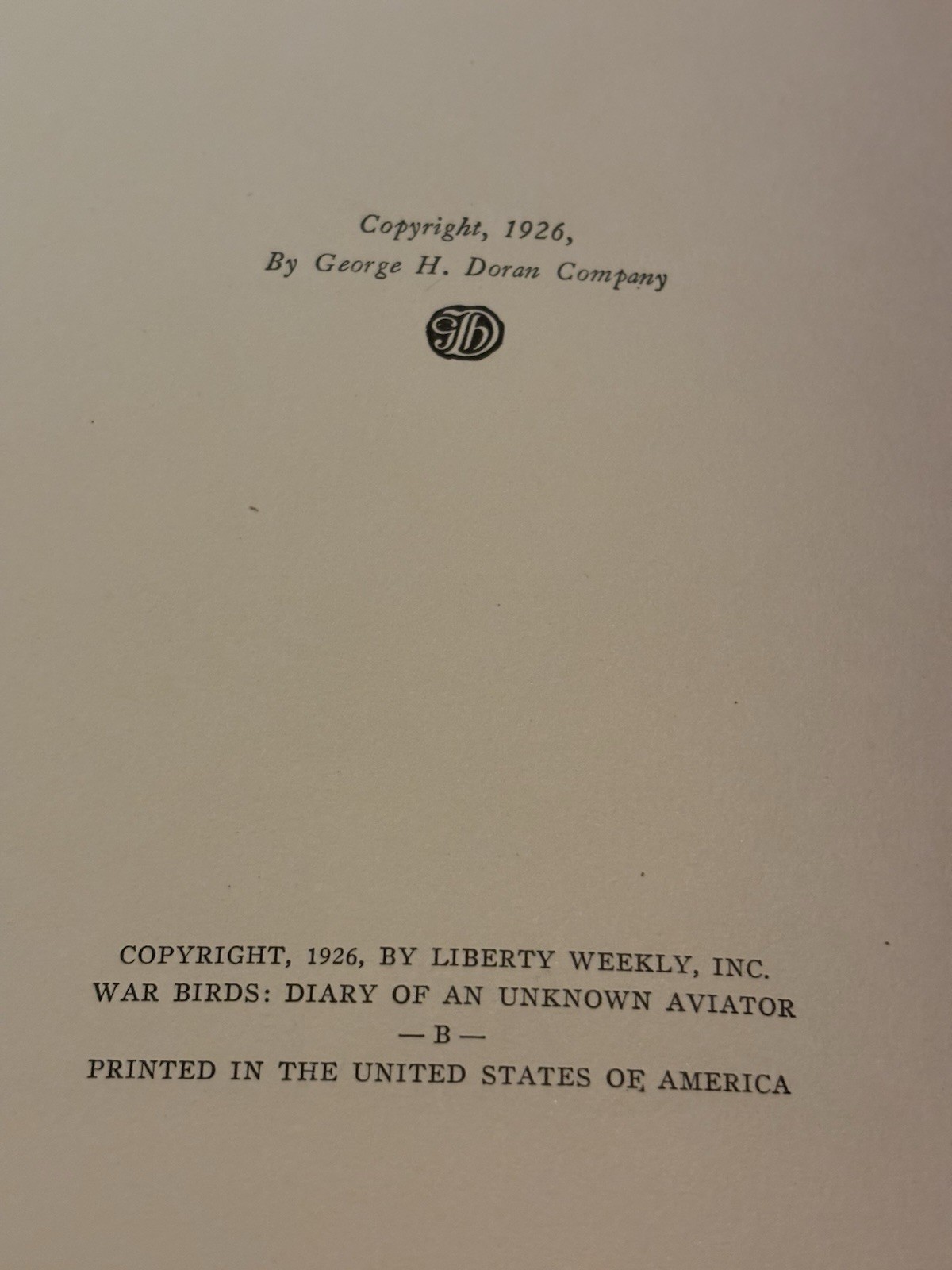 War Birds: Diary of an Unknown Aviator – 1926 – WWI Fighter Pilot US RAF Book