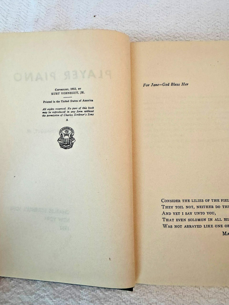 Kurt Vonnegut first book, Player Piano true 1st edition in dust jacket – nice