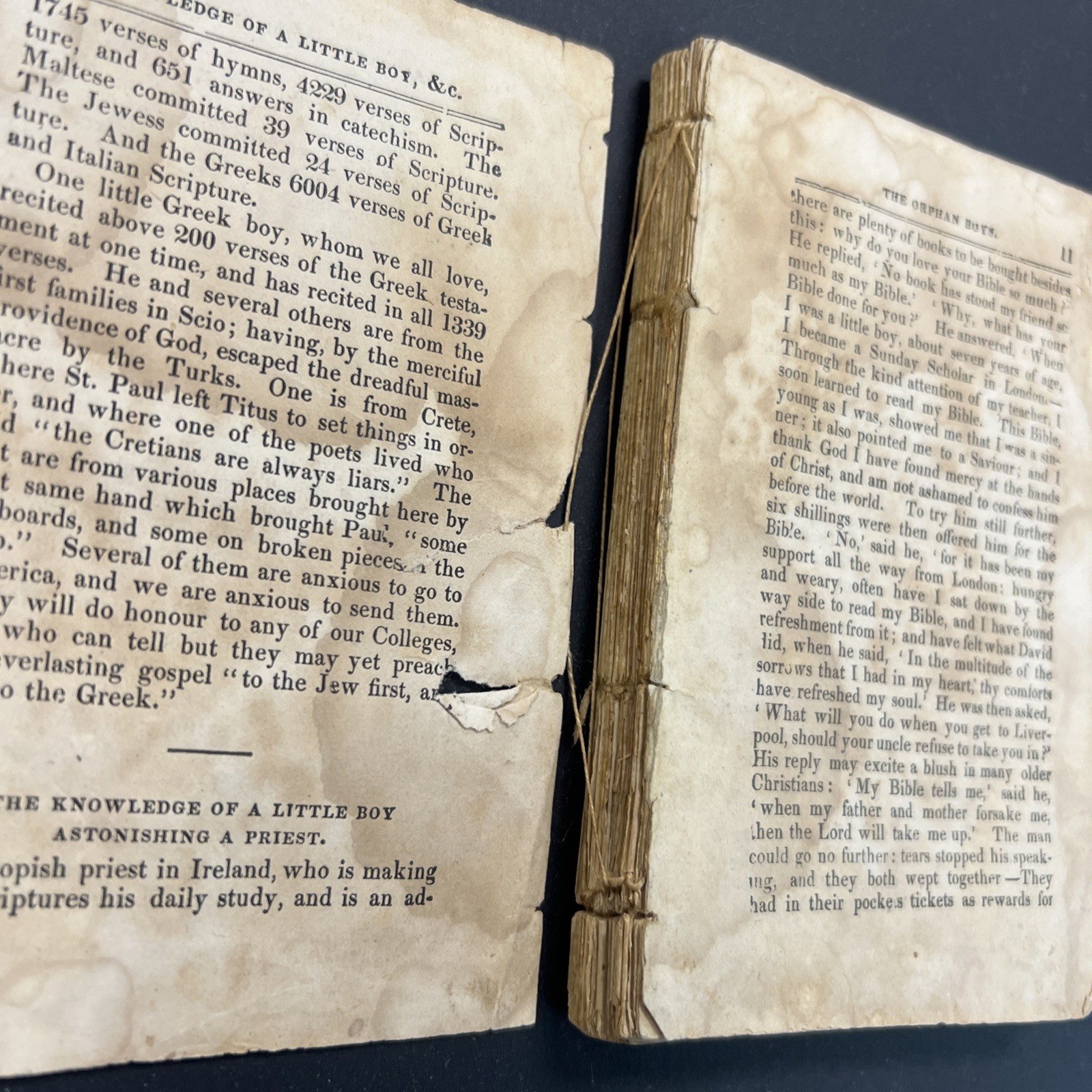 Antiquarian 1823 Religious Lessons & Stories Book. Missing 3 Pages – No Cover