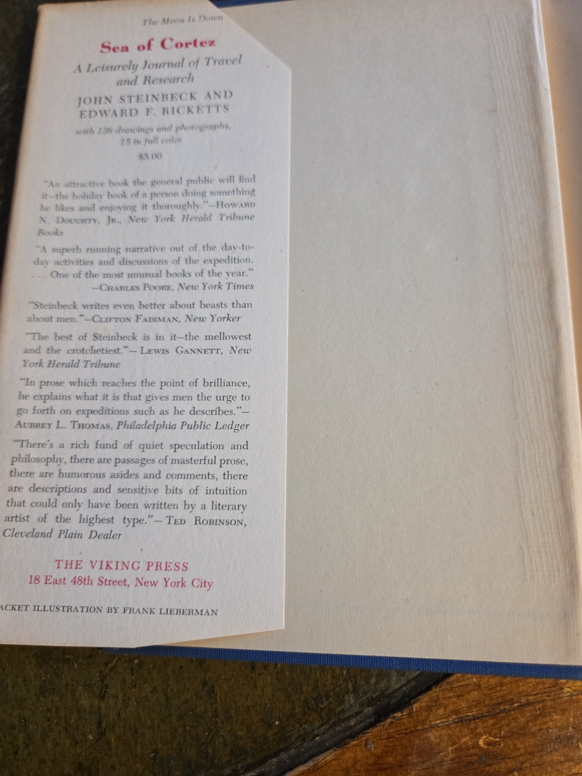 The Moon Is Down John Steinbeck, HC DJ, 1942,1st Ed, 2nd State