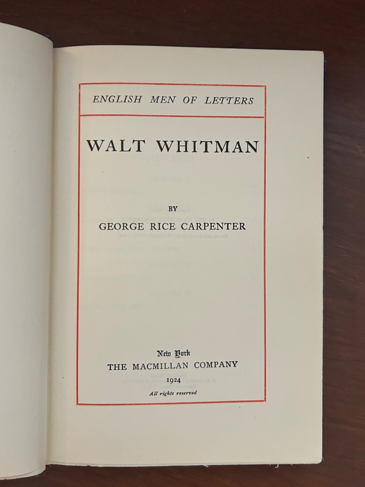 English Men of Letters: Walt Whitman. Carpenter. 1924. HC.