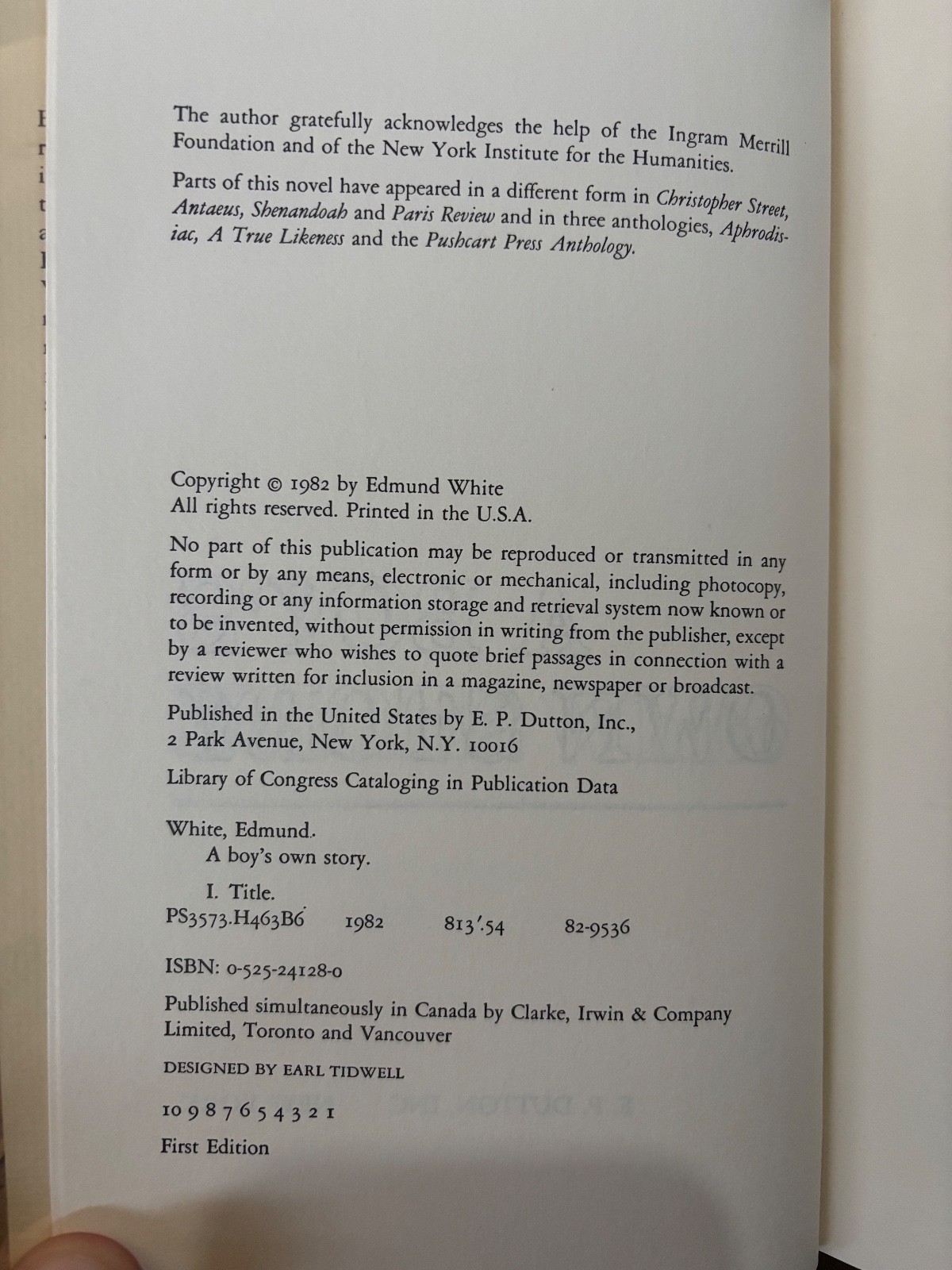 Edmund White A BOY’S OWN STORY 1st edition/1st printing INSCRIBED association