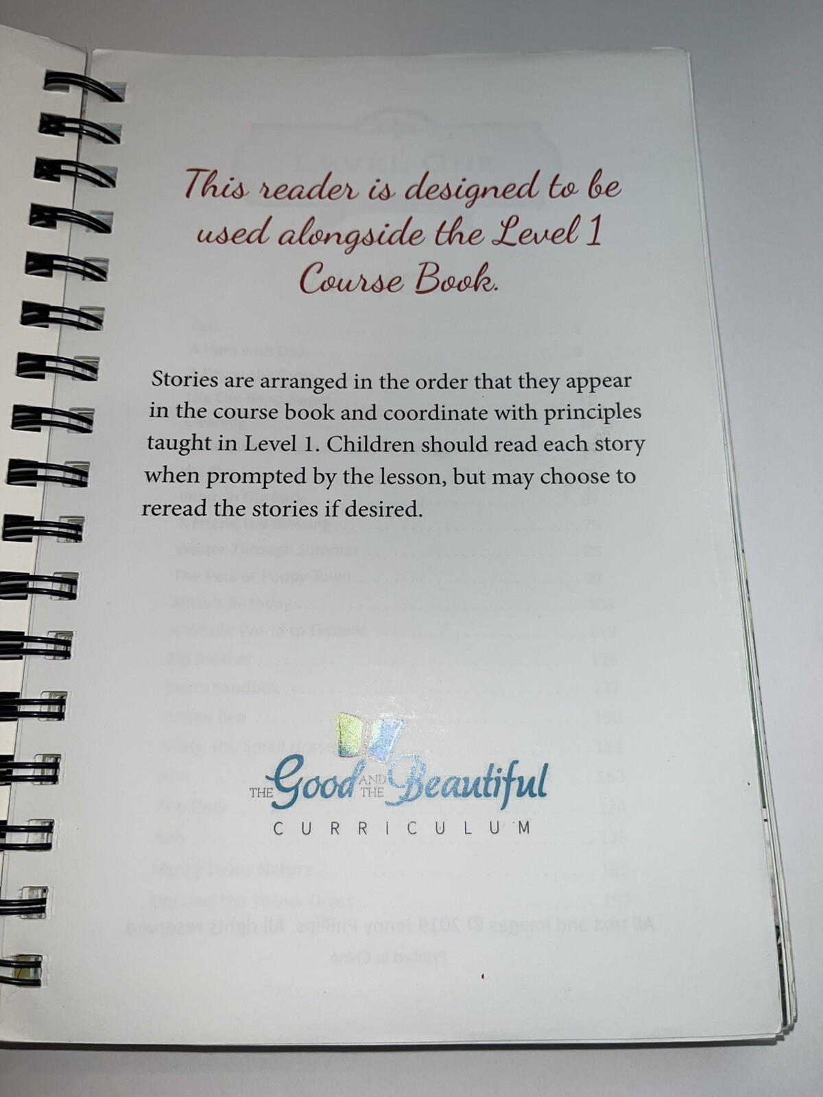 Level One Reader Good and Beautiful Curriculum Spiral Bound Paperback