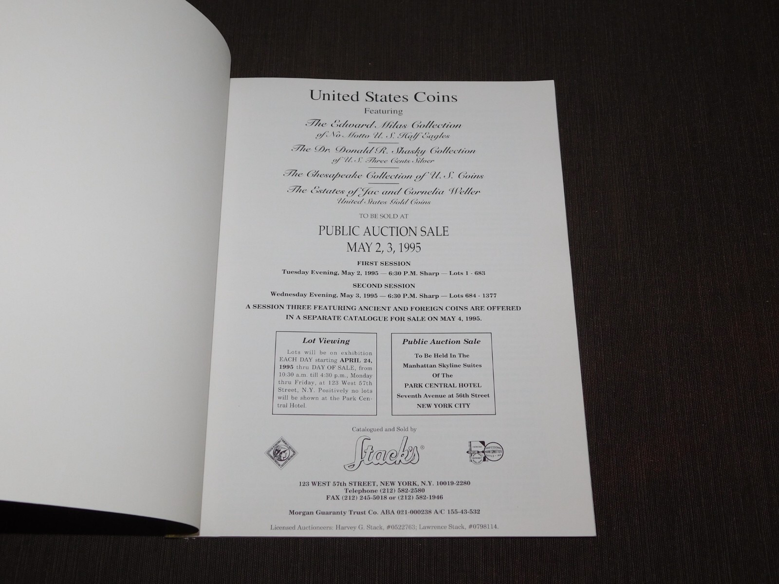 VINTAGE 1995 STACK’S U S COINS AUCTION CATALOGUE BOOK