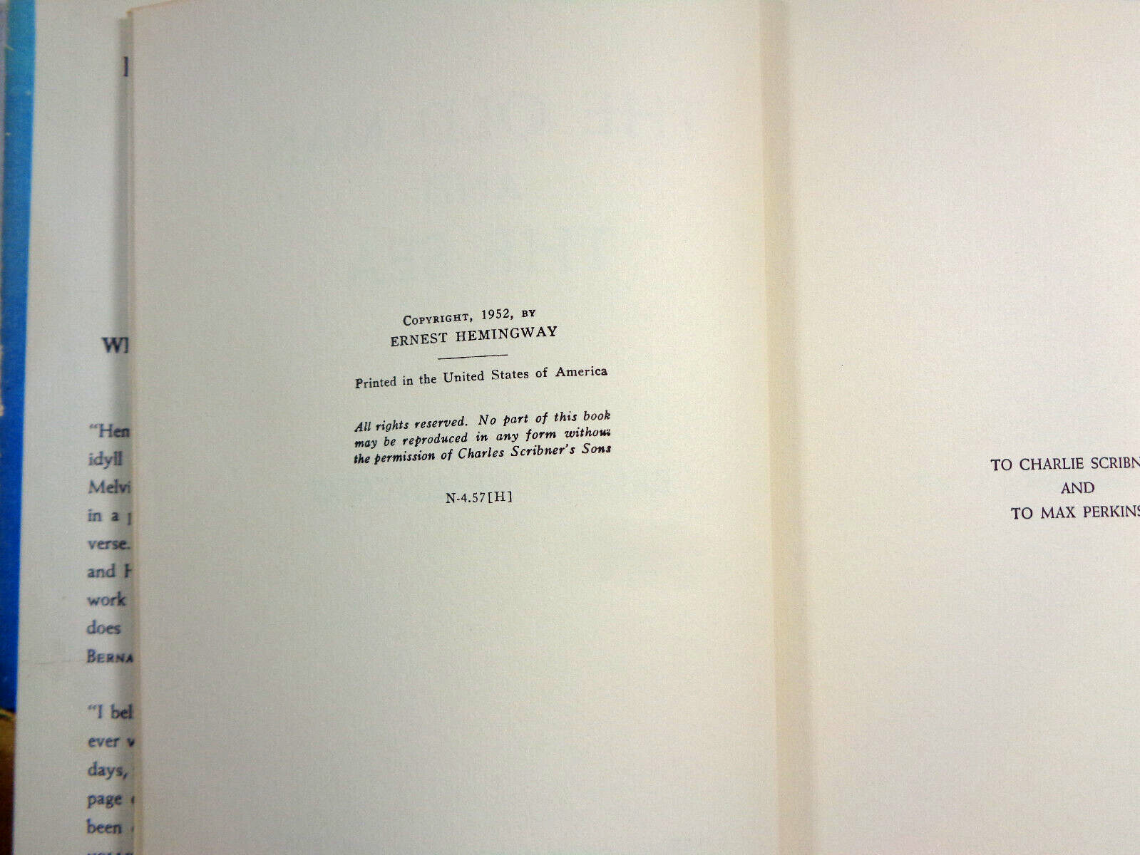 Ernest Hemingway – THE OLD MAN AND THE SEA 1952 HC/DJ Early Printing VG
