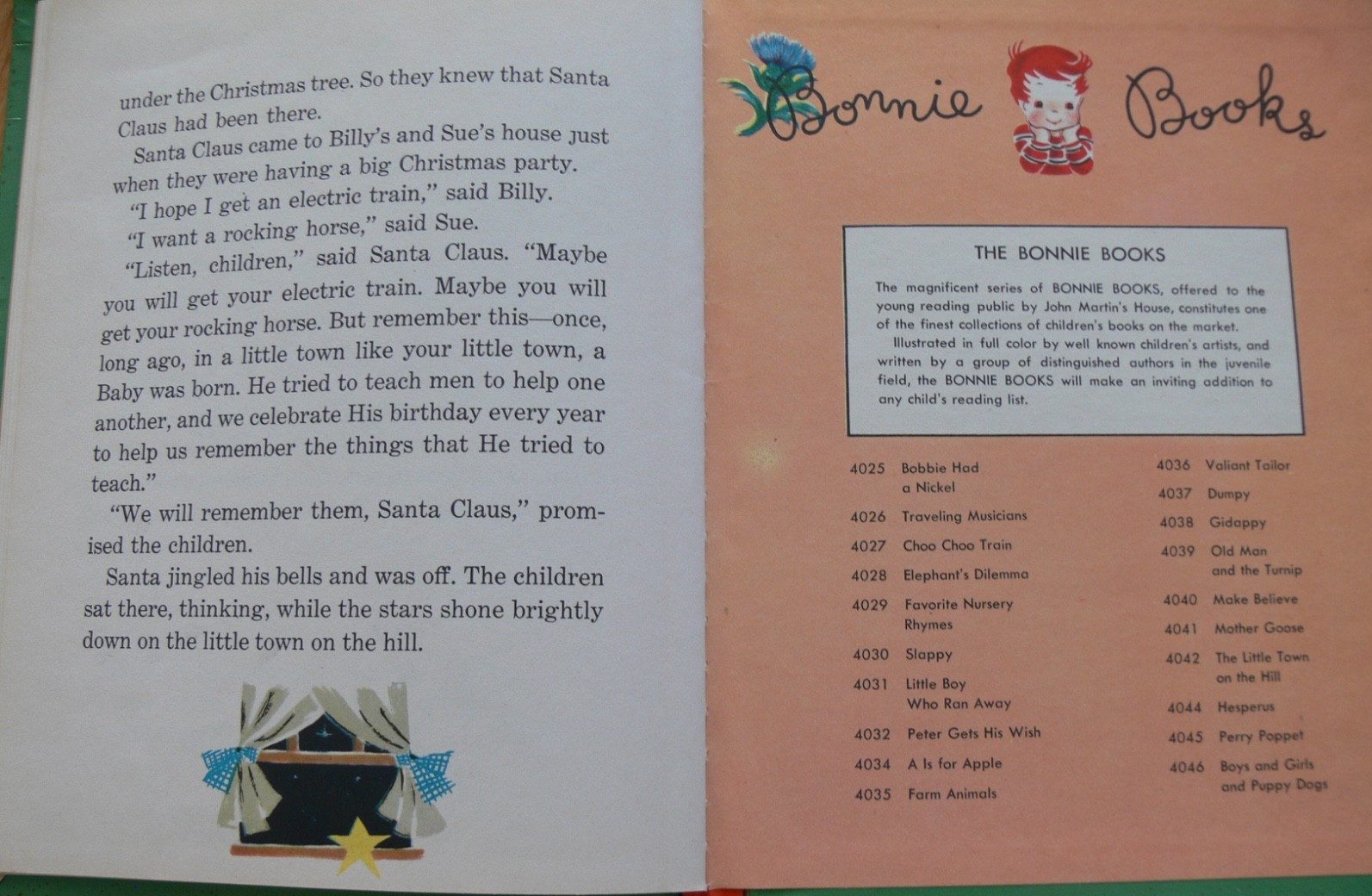 Vintage Bonnie Book ~ THE LITTLE TOWN ON THE HILL with Stand-Up Toys ~ Mint