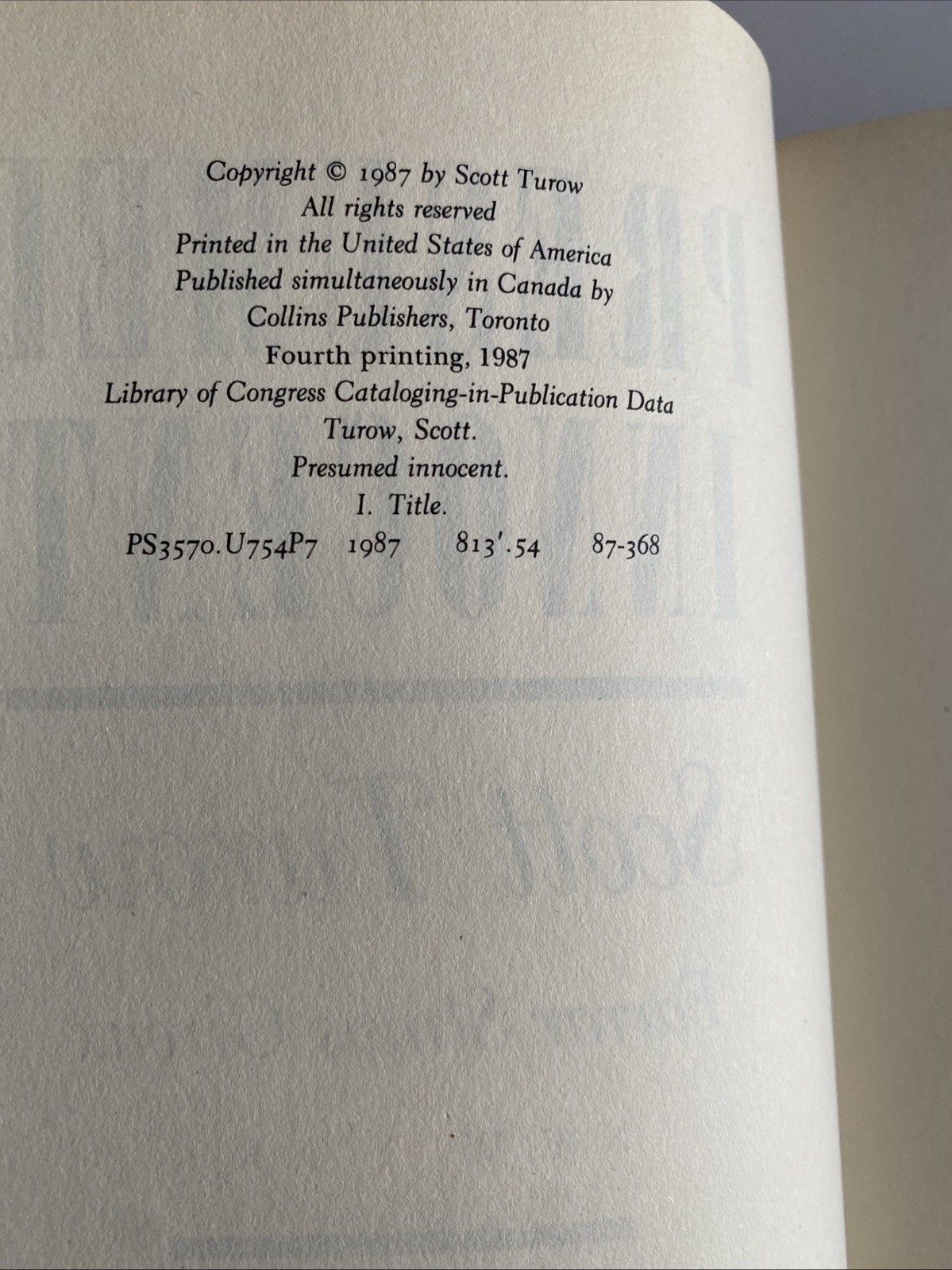 1987 Presumed Innocent by Scott Turow Hardcover Book h29n