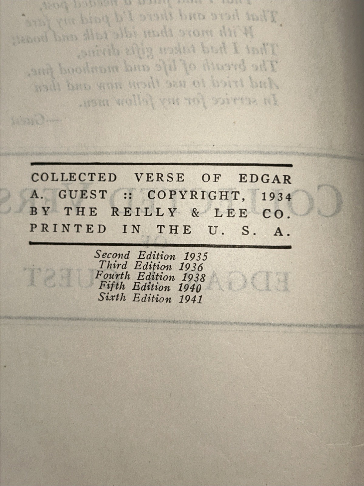 COLLECTED VERSE OF EDGAR A GUEST 1941 6th edition Hard Cover Vintage Good Green