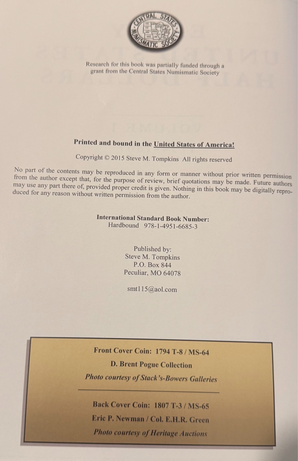 Early United States Half Dollars Volume 1 – 1794-1807 Hardback – VG 2015