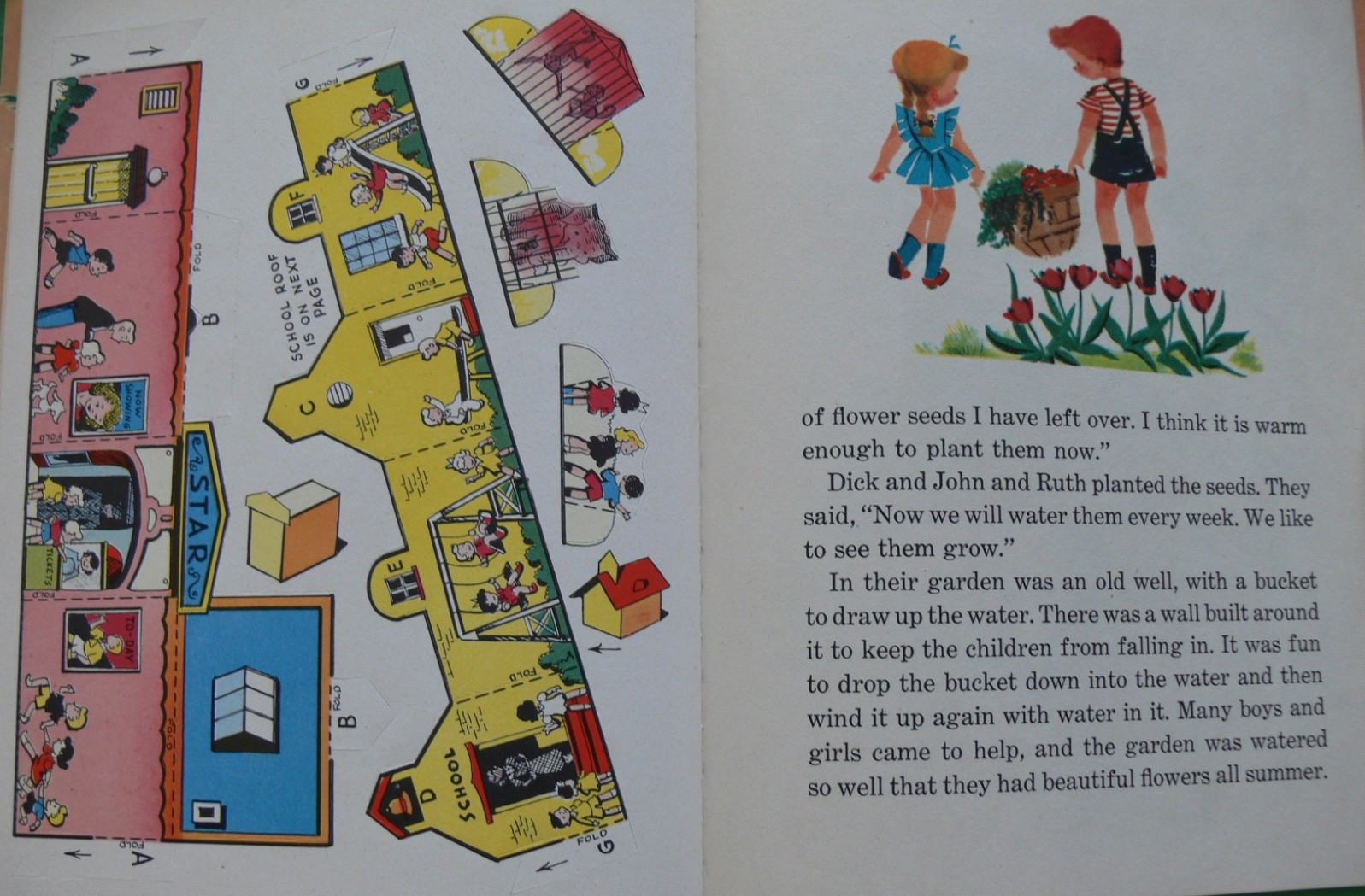 Vintage Bonnie Book ~ THE LITTLE TOWN ON THE HILL with Stand-Up Toys ~ Mint